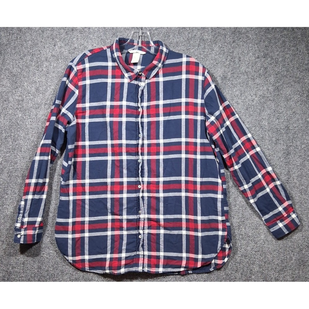HM Womens Plaid Button Down Shirt Navy Blue Red White Cotton Size 14 Long Sleeve